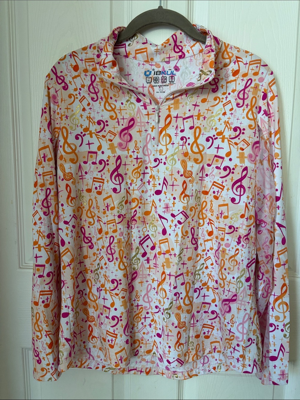 IBKUL Women's Long Sleeve Music Notes Shirt - White, Pink & Orange